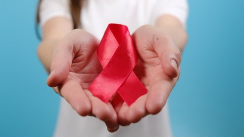 Close-up female hands holding small red aids awareness ribbon, posing isolated over blue color background wall in studio. Concept of World Aids Day, HIV, Cancer Awareness, Healthcare, Medicine