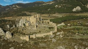 Remains of the Loarre castle in Huesca, Spain. A drone view. Ancient monument, heritage of Spain.