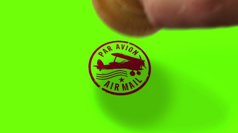 Air Mail stamp and hand stamping symbol impact isolated animation. Retro par avion post letter delivery and airmail express postmark 3D rendered concept. Alpha matte channel.