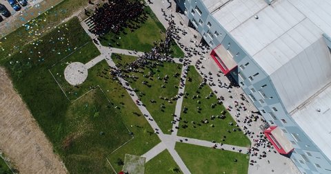Bishkek, Kyrgyzstan - August 28, 2020: Aerial view of the orientation week for freshman students outside of American University of Central Asia campus in Bishkek city, Kyrgyzstan
