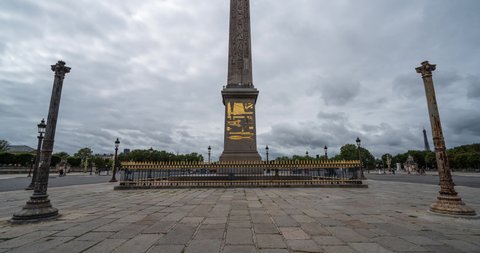 Paris, France - August 6 2021: Time Lapse of the Obelisk at Place de la Concorde in Paris, France