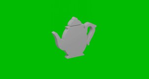 Animation of rotation of a white teapot with shadow. Simple and complex rotation. Seamless looped 4k animation on green chroma key background