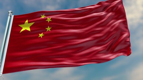 China flag waving in the wind with high-quality texture in 4K UHD National Flag. Realistic Animation of the Chinese flag with moving clouds blue sky background