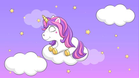 Sleeping unicorn on a cloud. Cute cartoon looped animal animation. Night background.