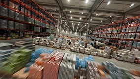 FPV flight into logistic center. Modern large retail warehouse building filled with delivery goods. Industrial storehouse. Aerial view speed flight. - Powered by Shutterstock - Get 15% off with code: PIKWIZARD15