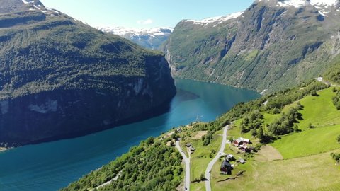 Aerial view of geirangerfjord Norway in good weather 
