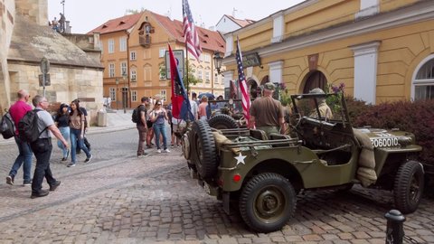 Prague, Czech Republic- April, 26, 2019: An American army all-terrain vehicle of the Second World War Willys MB is parked on the streets of Old Town of Prague