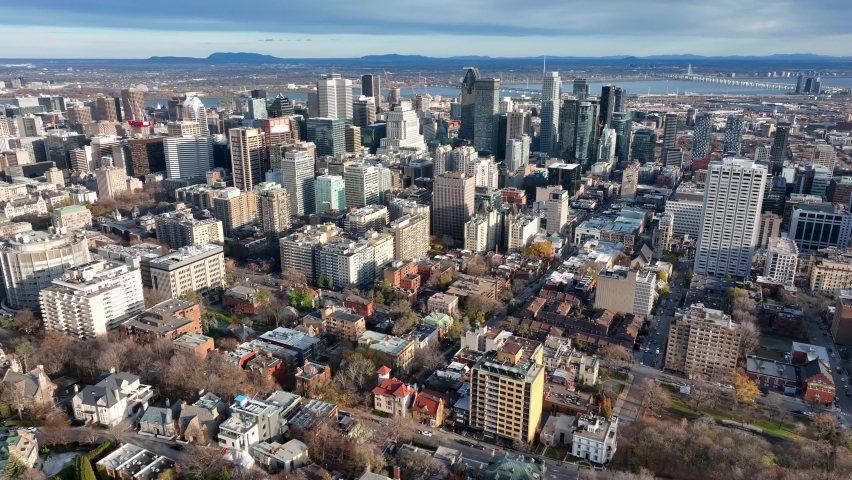 Aérial drone view of Montreal City skyscraper building