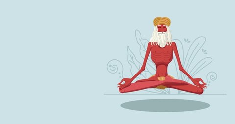 Old man from India is practicing yoga. Person in lotus position. Adept is levitating in yoga basic asana. Vector animation.