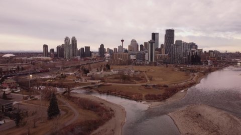 Calgary Alberta Canada, November 12 2021: Aerial view of a Canadian City downtown district over the Bow River.