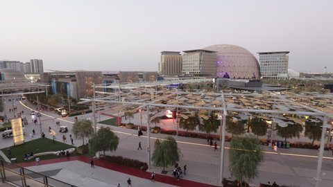 Aerial overview of EXPO 2020 Dubai site with AL Wasl Dome in the centre - Dubai, UAE - Nov '21