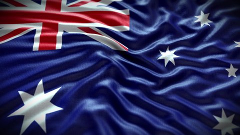 Australia flag waving in the wind with high-quality texture in 4K UHD National Flag. Realistic Animation of the Australian flag with moving clouds blue sky background