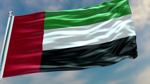 United Arab Emirates flag waving in the wind with high-quality texture in 4K UHD National Flag. Realistic Animation of the UAE flag with moving clouds blue sky background