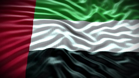United Arab Emirates flag waving in the wind with high-quality texture in 4K UHD National Flag. Realistic Animation of the UAE flag with moving clouds blue sky background
