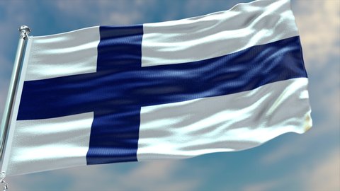Finland flag waving in the wind with high-quality texture in 4K UHD National Flag. Realistic Animation of The flag of Finland with moving clouds blue sky background