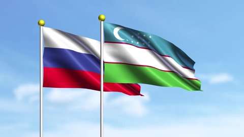 Russia, Uzbekistan, 3D flags of Russia and Uzbekistan waving in the wind on sky background.