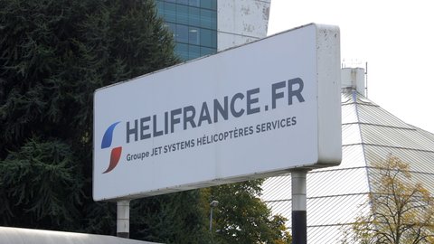 Paris, France - September 2021 : Helifrance sign at the Paris heliport, a company specialized in aircraft maintenance and transport services or aerial work