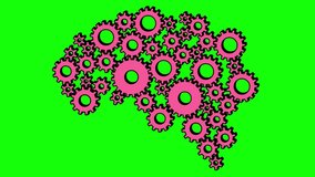 Brain cartoon cogs on green background. Creative man, creativity mechanism. Isolated animation good for any video material with concept like training or for explainers.