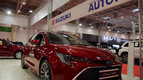 Bucharest, Romania, October 15-2021: Toyota Corola Hybrid presented at SAB and accessory 2021, front car