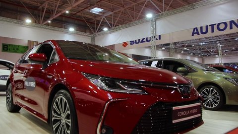 Bucharest, Romania, October 15-2021: Toyota Corola Hybrid presented at SAB and accessory 2021, front car