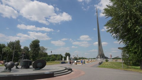 Monument to the conquerors of space on the territory of VDNKh. Stella rockets on takeoff.Space Museum. Shooting in motion