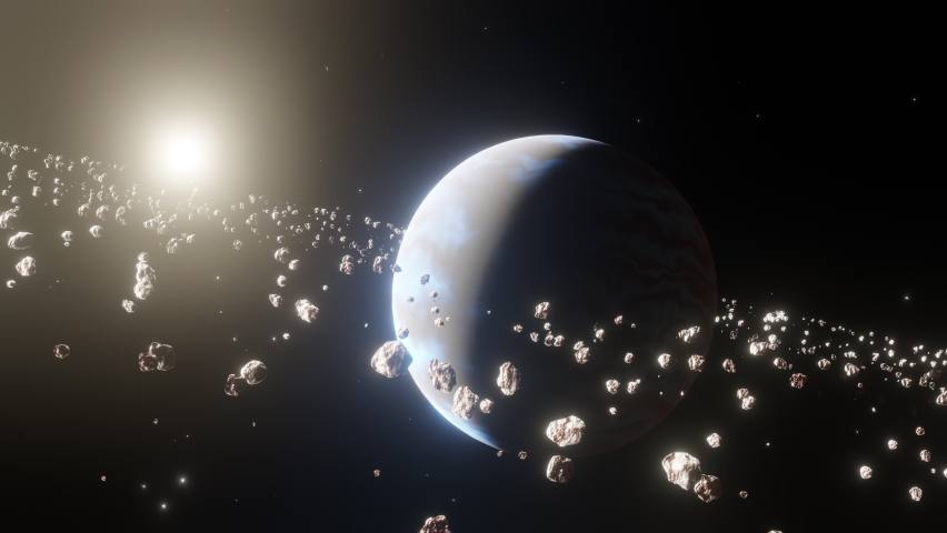 Planet with an asteroid belt and a bright star on the background. Deep space scene. Royalty-Free Stock Footage #1082673853
