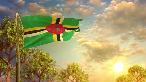 waving flag of Dominica at sunrise for memorial day
