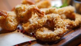 Deep fried breaded shrimps for beer snack in sea food restaurant