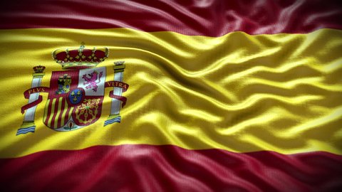 Spain flag waving in the wind with high-quality texture in 4K UHD National Flag. Realistic Animation of The flag of Spanish with moving clouds blue sky background