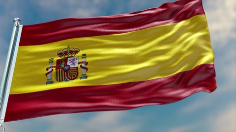 Spain flag waving in the wind with high-quality texture in 4K UHD National Flag. Realistic Animation of The flag of Spanish with moving clouds blue sky background