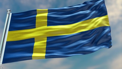 Sweden flag waving in the wind with high-quality texture in 4K UHD National Flag. Realistic Animation of The flag of Swedish with moving clouds blue sky background