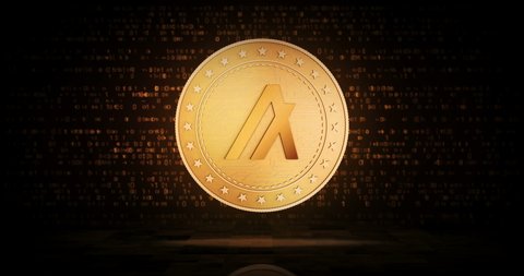 Algorand, Algo cryptocurrency gold coin on loopable digital background. 3D seamless loop concept. Rotating golden metal looping abstract animation.