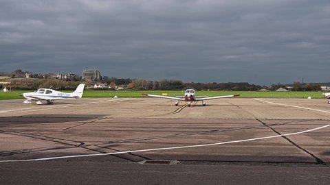 Shoreham, West Sussex, UK, November 16, 2021. Piper PA 28 181 Archer 2 G-BHZE arriving at Brighton City Airport with Lancing College and the South Downs in the background.