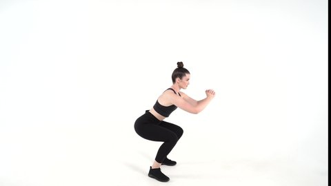 Certified female fitness trainer executes bodyweight exercise on a white background . Upper body Lower body Total Body Exercises for beginners intermediate advanced  levels