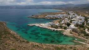 Aerial drone video of iconic seaside traditional village and castle of Avlemonas, Kythira island, Ionian, Greece