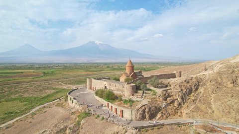 Khor Virap Monastery on the background of Mount Ararat. A landmark of Armenia. Aerial view