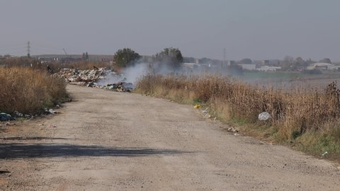 Burning Grabage at Illegal Dump Site Road Environment Damage