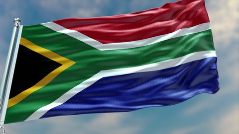 South Africa flag waving in the wind with high-quality texture in 4K UHD National Flag. Realistic Animation of The South African Flag with moving clouds blue sky background