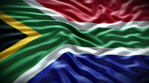 South Africa flag waving in the wind with high-quality texture in 4K UHD National Flag. Realistic Animation of The South African Flag with moving clouds blue sky background
