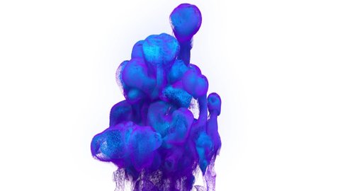 particle ink. 3d blue ink inject in water on white background with luma matte as alpha channel. Ink effect with massive ink plume. Puffs of paint underwater for effects or bright background.
