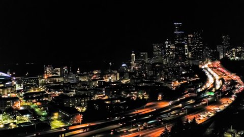 Aerial time lapse video clip of the Seattle city skyline at night