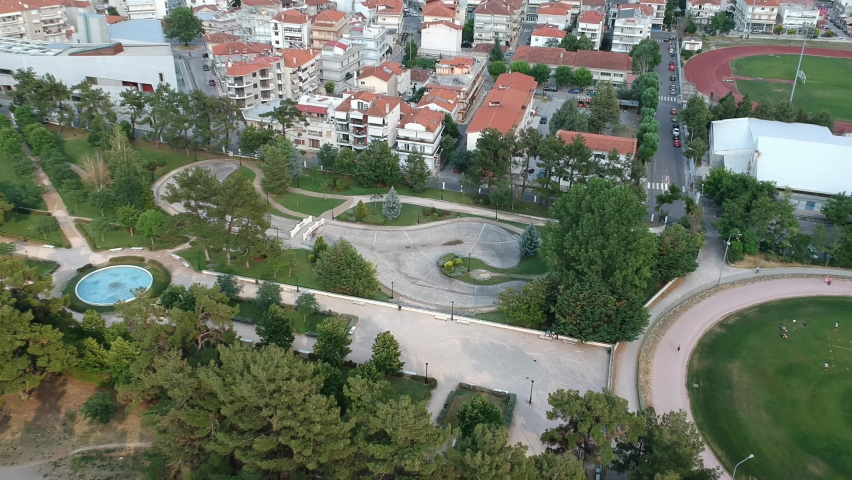 Aerial panoramic view over Kozani city, Greece