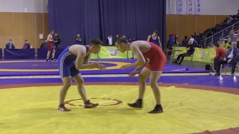 Orenburg, Russia - March 15-16, 2017: Boys compete in the sports wrestling at the Volga Federal District Championship in sports wrestling 