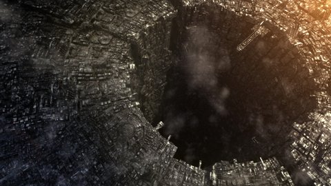 An aerial view of futuristic mega space city urban metropolis advance civilization architecture depiction the dystopian virtual landscape of future city life