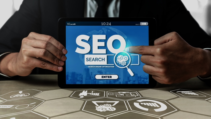 SEO - Search Engine Optimization for Online Marketing conceptual. Modern graphic interface showing symbol of keyword research website promotion by optimize customer search and analyze market strategy.