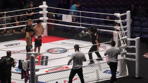 Orenburg, Russia - August 30, 2019: Boys compete International Professional Tournament by Mixed martial arts (MMA) – M - 1 Challenge 104