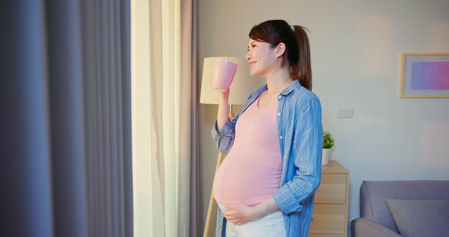 Side view of asian pregnant woman holding a cup of water standing near window at home with smiling Royalty-Free Stock Footage #1082704576