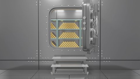 Door opening to bank vault with gold storage - 3d rendering animation
