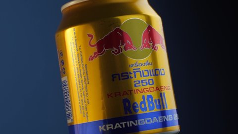 Prague, Czech Republic - November 20th 2021: Red Bull Krating Daeng energy drink can rotating