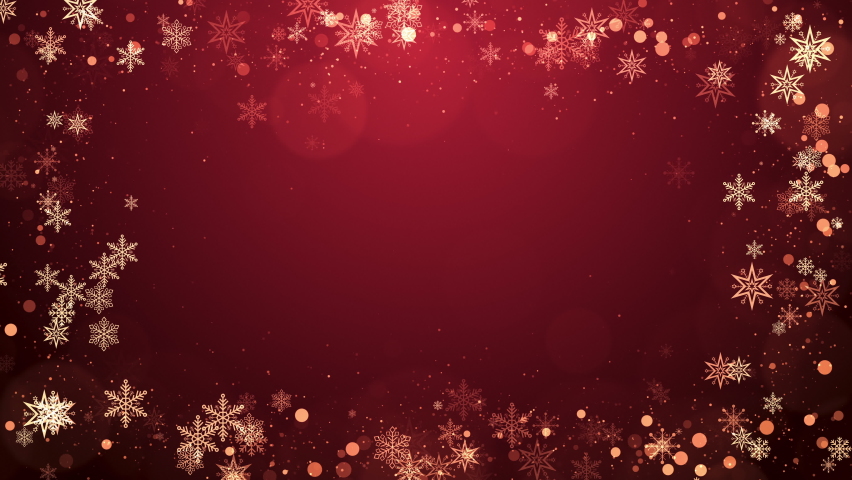 Christmas snowflakes frame with lights and particles on red background. Winter, Christmas, New Years, Holidays frame concept. Seamless looping 4k